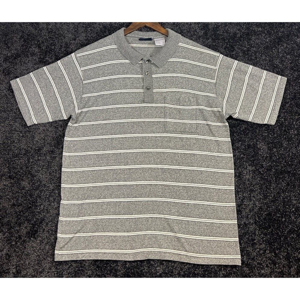 Vintage Mens Faded Glory Striped Polo Shirt Gray White Short Sleeve Casual